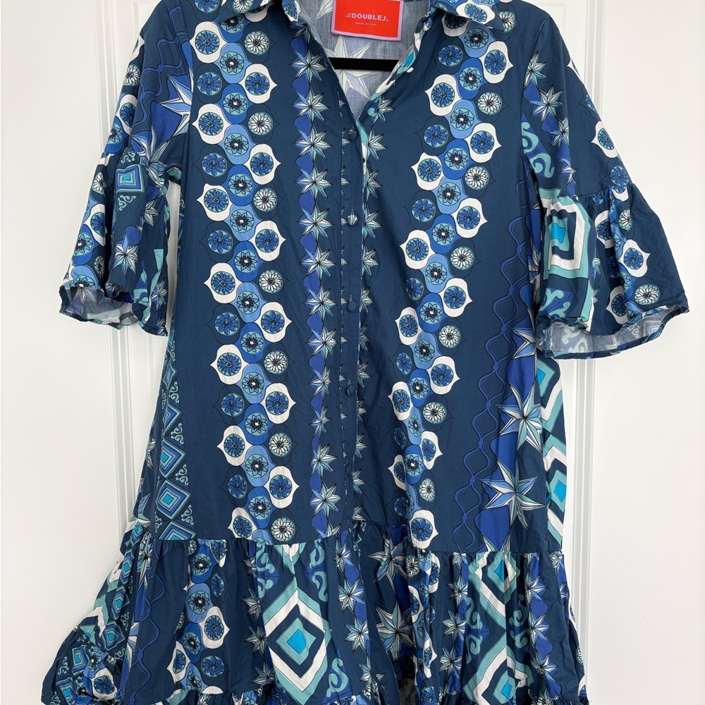 La DoubleJ Blue Patterned Ruffle Sleeve Dress